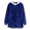 A dark blue fleece hoodie with a white fuzzy lining is laid flat against a white background. Produktbild-Vorschau