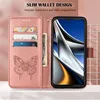 A pink leather wallet-style phone case with a butterfly embossed design is shown open, displaying card slots and a bill compartment. A smartphone is inserted into the case, showing its screen. Produktbild-Vorschau