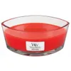 A red WoodWick candle in a clear glass container. Produktbild-Vorschau