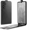 A black flip case for a smartphone is shown open, with the phone inside and the case cover folded back. The phone screen displays the time and date. Produktbild-Vorschau