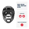 A black and gray full-face helmet for children and teenagers, shown from the inside, with accompanying marketing text and icons. Podgląd zdjęcia produktu