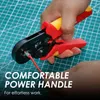 A hand is using a crimping tool to attach a connector to a red wire, with text overlay highlighting features. Produktbild-Vorschau