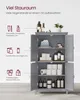 A gray bathroom cabinet with its doors open, displaying various items on its shelves, with text and icons on the left indicating storage suggestions. Produktbild-Vorschau