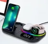 A multi-device wireless charging station with a smartphone, wireless earbuds case, and smartwatch placed on it. The station has a digital clock and LED lighting. Produktbild-Vorschau