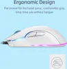 A white gaming mouse with RGB lighting is shown on a light blue background, with text describing its ergonomic design. Produktbild-Vorschau