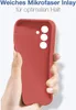 A hand holding a red phone case against a white background. Produktbild-Vorschau
