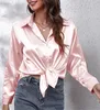 ASKSA Damen Satin Bluse V-Ausschnitt Hemde Elegant Knoepfen Produktbild-Vorschau 2