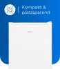 A white mini refrigerator with text and an icon on a blue background. Produktbild-Vorschau