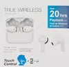 Product packaging for white wireless earbuds, showing the earbuds in their case and individually, along with feature callouts. Anteprima dell’immagine prodotto