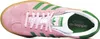 A top-down view of a pink Adidas Gazelle Bold W sneaker with green stripes and a gum sole. Produktbild-Vorschau