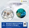 A close-up of a washing machine drum with bubbles and microscopic images of bacteria and allergens, along with marketing text and a small image of a washing machine. Podgląd zdjęcia produktu