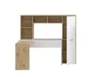 A white and wood-colored corner desk with shelves and a cabinet, shown against a white background. Produktbild-Vorschau