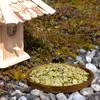 A wooden birdhouse and a bowl of peas are placed on the ground with moss and rocks. Produktbild-Vorschau
