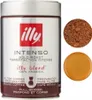 A can of Illy Intenso ground coffee with two small circular samples of coffee grounds and a coffee puck. Produktbild-Vorschau