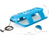 A blue plastic sled with a rope and handle, shown on a white background with dimensions indicated. Náhled obrázku produktu