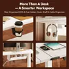 Collage of images showing different features of a standing desk, including a cup holder, headphone hook, cable organizer, and tablet/phone charging area. Produktbild-Vorschau