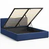 A blue upholstered bed frame with its storage lift mechanism open, revealing the slatted base and storage compartment. Produktbild-Vorschau