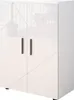 A white high-gloss cabinet with geometric patterns and brown handles.