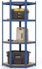 A corner shelving unit with various items stored on its shelves.