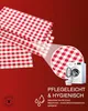 A close-up view of red and white checkered fabric, with a magnified section showing the texture and a washing machine with a basket of laundry. Produktbild-Vorschau
