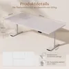 A white adjustable standing desk with dimensions and feature callouts. Produktbild-Vorschau