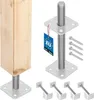 A product shot of post anchors and a wooden post, with screws and a product tag. Podgląd zdjęcia produktu