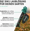 A green and black leaf blower is shown with text overlays describing its features, set against a background of fallen leaves and grass. Produktbild-Vorschau