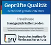 A certificate of quality for a travel product, featuring brand names and certification details. Produktbild-Vorschau