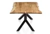 A wooden table with a black metal base, shown from a low angle against a white background. Produktbild-Vorschau