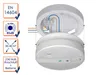 A smoke detector shown with its mounting plate and wiring connections, along with feature callouts. Produktbild-Vorschau