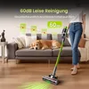 A woman is using a cordless vacuum cleaner in a living room with a dog on the couch. Produktbild-Vorschau