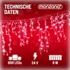 A string of icicle-shaped LED lights against a red, snowflake-patterned background, with technical specifications displayed at the bottom. Produktbild-Vorschau