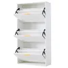 A white shoe cabinet with three open flip-down doors, each with a gold handle and black hinges. Anteprima dell’immagine prodotto