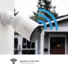 A white EZVIZ security camera mounted on a wall, with a house in the blurred background and Wi-Fi signal graphics. Produktbild-Vorschau
