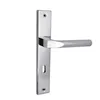 A silver door handle with a long plate and a keyhole, isolated on a white background. Produktbild-Vorschau