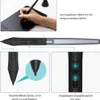 A close-up of a digital pen and a hand using a graphics tablet, with callouts highlighting features. Produktbild-Vorschau