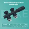 A product image showcasing a thermostat valve with a table of temperature settings below it. Podgląd zdjęcia produktu