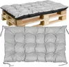 A gray tufted cushion is shown on top of a wooden pallet, and then a separate view of the cushion. Náhľad obrázku produktu