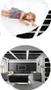 A collage showing a child lying on a floor with heating elements and a living room with ceiling heating elements. Produktbild-Vorschau