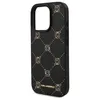 A black Karl Lagerfeld iPhone case with a gold Karl Head pattern is shown against a white background. Produktbild-Vorschau