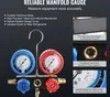 A manifold gauge set with two pressure gauges, control knobs, and connection ports, presented with feature callouts. Produktbild-Vorschau
