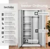 An open metal cabinet with shelves and a hanging rod, with text and icons highlighting its features. Produktbild-Vorschau