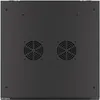 The back panel of a black server rack cabinet with two circular fan vents. Produktbild-Vorschau