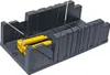 A black plastic miter box with yellow clamps is shown against a white background. Produktbild-Vorschau