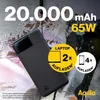 A black power bank is shown with marketing text and graphics overlaid on a textured background. Produktbild-Vorschau
