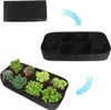 A collage showing a black fabric planting bed in different stages: folded, open with compartments, and filled with plants. Náhled obrázku produktu