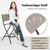 A woman is sitting on a bar stool, with marketing text and feature icons around her. Produktbild-Vorschau