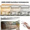 Collage showing adjustable color temperature and brightness of an LED panel light, with a living room scene and a remote control. Produktbild-Vorschau