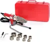 A red pipe welding tool and its accessories are laid out on a white surface, with a red carrying case in the background. Produktbild-Vorschau