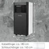 A black and white mobile air conditioner is shown against a textured gray wall, with dimensions and cable/hose lengths indicated by text overlays. Voir les images du produit